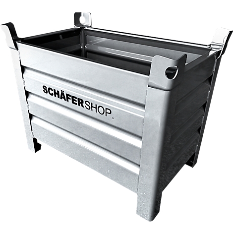 Caisse de transport rectangulaire argentée avec poignées, le logo "SCHÄFERSHOP" est lisible.