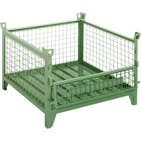 Boîte grillagée verte et rectangulaire. La boîte a un cadre en fil de fer et repose sur des pieds. Il y a des œillets aux coins.