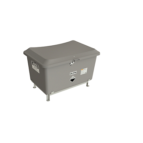 Coffre de conteneur gris avec couvercle et pieds, autocollant UN 2794. Sur fond blanc.