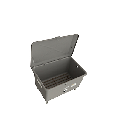 Boîte rectangulaire grise avec couvercle ouvert. Des barres transversales sont visibles à l'intérieur.