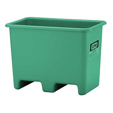 Bac en plastique vert de forme rectangulaire. Il y a des pieds en bas. Sur le côté, il y a un autocollant avec le nom "CEMO".