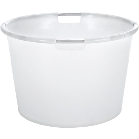 Un seau blanc, avec poignées et rebord renforcé.