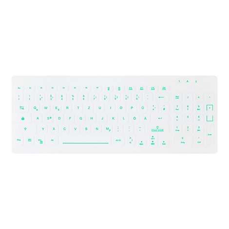 Weiße, hygienische Tastatur mit hellgrüner Beschriftung und Tastenbeleuchtung auf weißem Hintergrund.