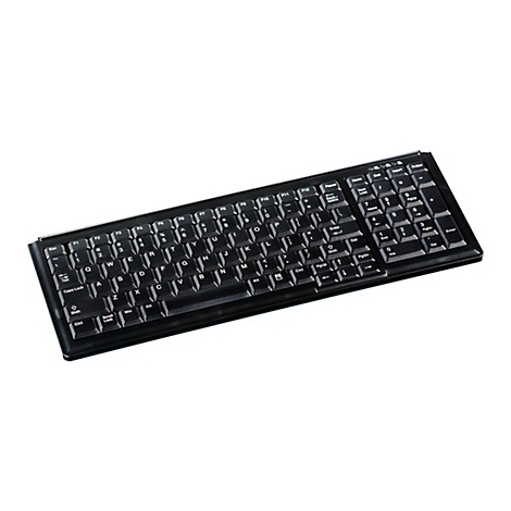 Schwarze PC-Tastatur in Draufsicht vor weißem Hintergrund.