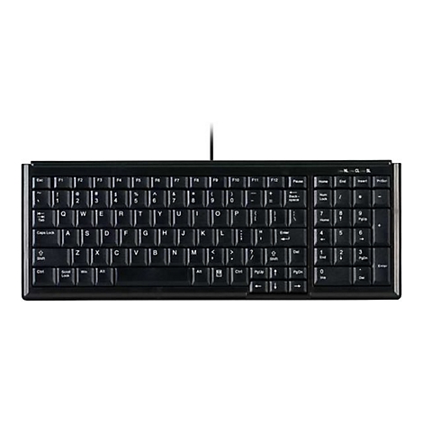 Schwarze, kabelgebundene Computertastatur im QWERTY-Layout vor weißem Hintergrund.