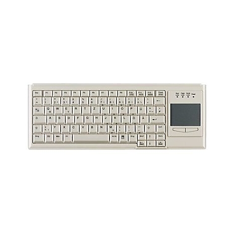 Beige Tastatur mit deutschem QWERTZ-Layout und integriertem Touchpad auf der rechten Seite.