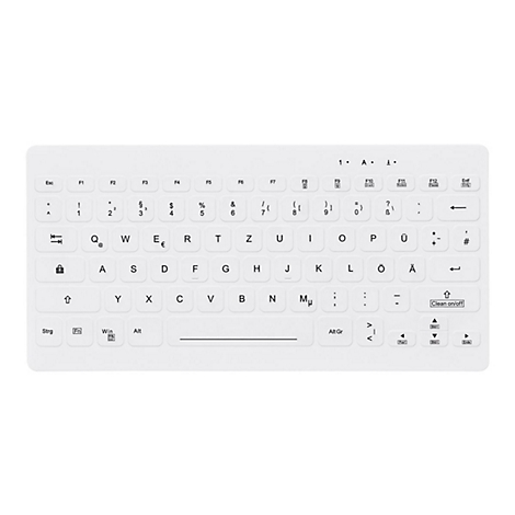 Weiße, flache Computertastatur mit deutschem QWERTZ-Layout auf weißem Hintergrund.