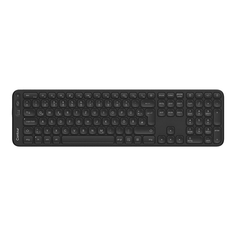 Schwarze kabellose Contour-Tastatur mit deutschem Layout vor weißem Hintergrund.