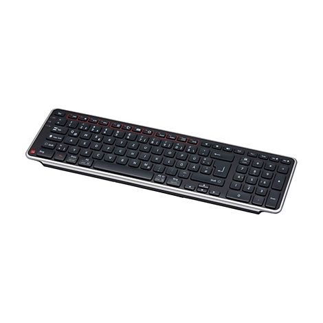 Schwarze kabellose Tastatur mit silbernem Rahmen vor weißem Hintergrund.