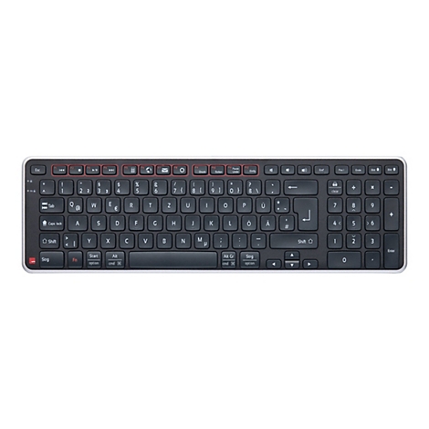 Draufsicht einer flachen, schwarzen Computertastatur mit deutschem QWERTZ-Layout und silbernem Rahmen auf weißem Grund.