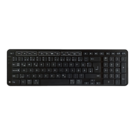 Schwarze kabellose Computertastatur mit deutschem QWERTZ-Layout und Ziffernblock auf weißem Hintergrund.