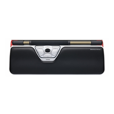 Contour RollerMouse Red Plus mit schwarzer Handballenauflage und Rollbalken vor weißem Hintergrund.