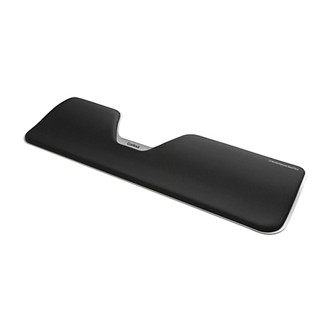 Schwarze, ergonomische Handballenauflage mit silbernem Rand und Contour-Schriftzug vor weißem Hintergrund.