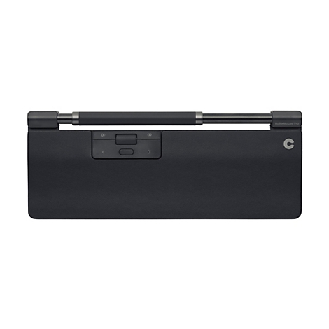 Schwarze RollerMouse Pro mit Rollleiste und integrierter Handballenauflage vor weißem Hintergrund.
