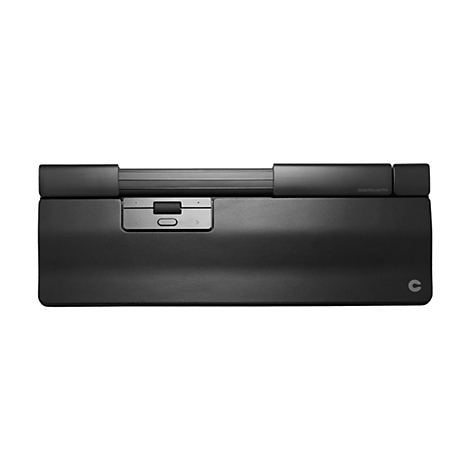 Schwarze SliderMouse Pro Rollmaus vor weißem Hintergrund mit ergonomischer Handballenauflage.