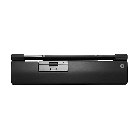 Schwarze RollerMouse Pro mit Rollstab und Tasten auf einer gepolsterten Handballenauflage vor weißem Hintergrund.