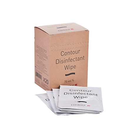 Brauner Pappkarton mit Contour Desinfektionstüchern und einzelne weiße Sachet-Verpackungen davor.