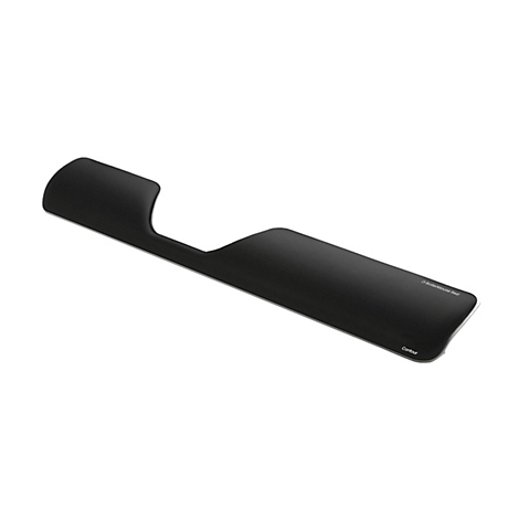 Schwarze, ergonomische Handballenauflage für eine RollerMouse, mit Branding rechts.