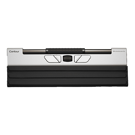 Contour RollerMouse Go mit silberner Oberfläche, schwarzer Rollleiste und integrierter Handballenauflage.