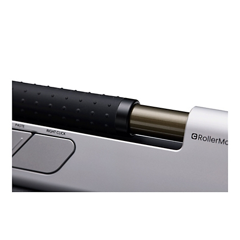 Nahaufnahme einer RollerMouse mit schwarzer Rollstange, grauen Tasten und dem Schriftzug RollerMouse.
