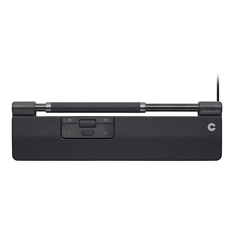 RollerMouse Pro: Eine schwarze, ergonomische Rollstabmaus mit gepolsterter Handballenauflage vor weißem Hintergrund.