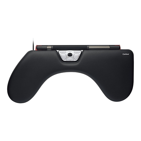 Schwarze RollerMouse mit Handballenauflage und zentralem Steuerpanel vor weißem Hintergrund.