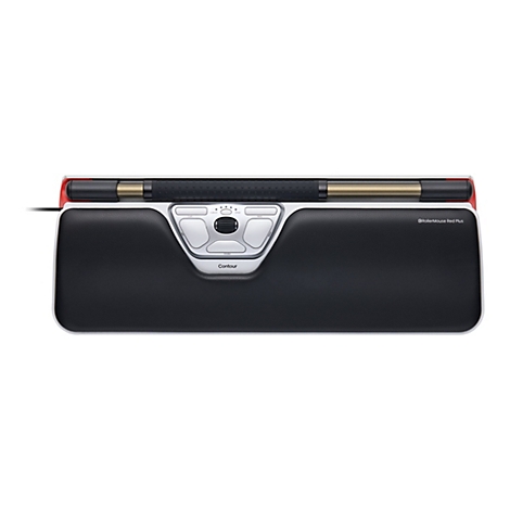 Contour RollerMouse Red Plus mit schwarzer Handballenauflage und silberner Bedieneinheit auf weißem Hintergrund.