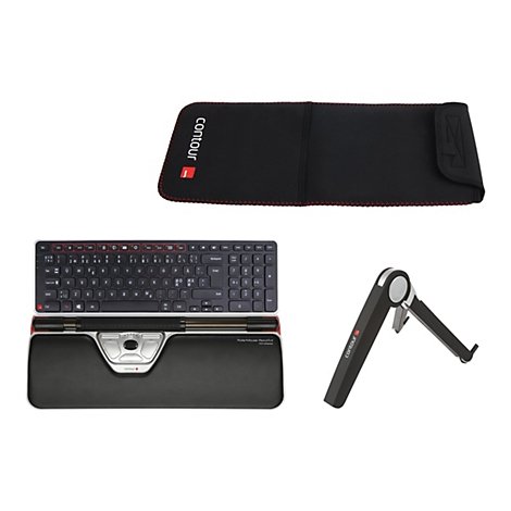 RollerMouse Red Plus Wireless Tastaturset mit Tasche und Ständer vor weißem Hintergrund.