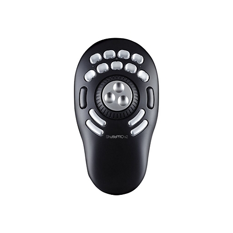 Schwarzer ShuttlePRO v2 Controller von oben vor weißem Hintergrund mit vielen silbernen Tasten und einem Drehknopf.