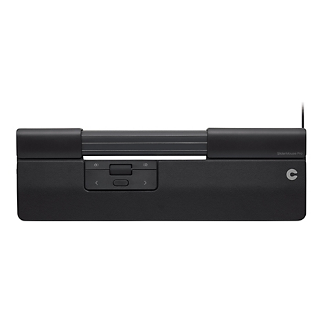 Schwarze SliderMouse Pro Tastaturmaus auf weißem Hintergrund mit zentraler Gleitleiste und Tastenfeld.