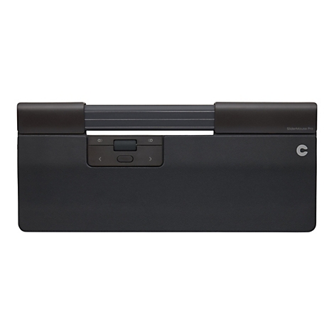 SliderMouse Pro in Schwarz mit horizontaler Eingabeleiste und integrierter Handballenauflage vor weißem Hintergrund.