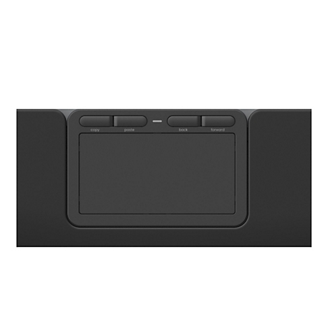 Nahaufnahme eines schwarzen Touchpads mit vier Tasten oberhalb, beschriftet mit Copy, Paste, Back und Forward.