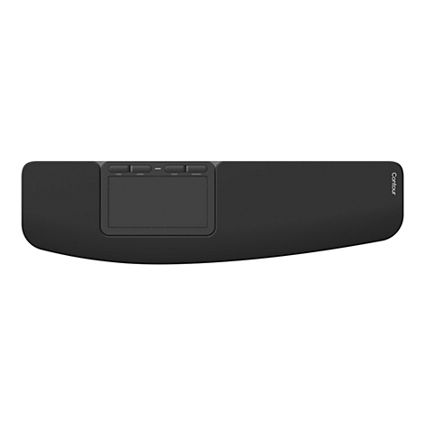 Schwarze RollerMouse von Contour vor weißem Hintergrund mit Touchpad und Funktionstasten.