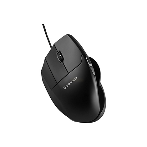 Schwarze, ergonomische Unimouse Computermaus mit Kabel vor weißem Hintergrund.