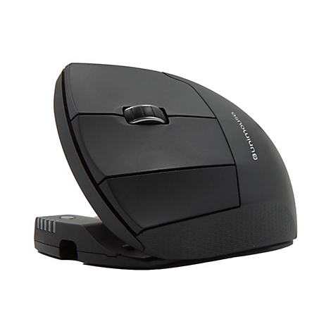 Schwarze, ergonomische Vertikal-Computermaus mit Scrollrad und Unimouse-Schriftzug auf weißem Hintergrund.