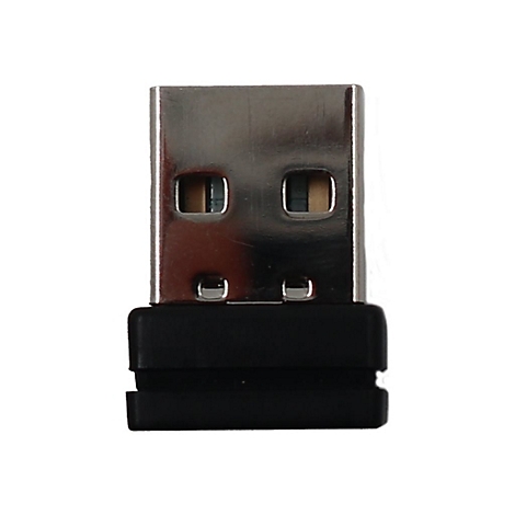 Ein kleiner, silberfarbener USB-Empfänger mit einem schwarzen Kunststoffgehäuse vor weißem Hintergrund.