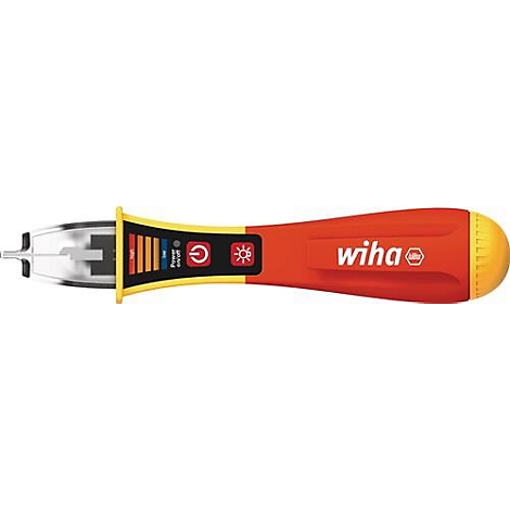Un testeur de tension rouge et jaune avec affichage numérique et le logo Wiha.