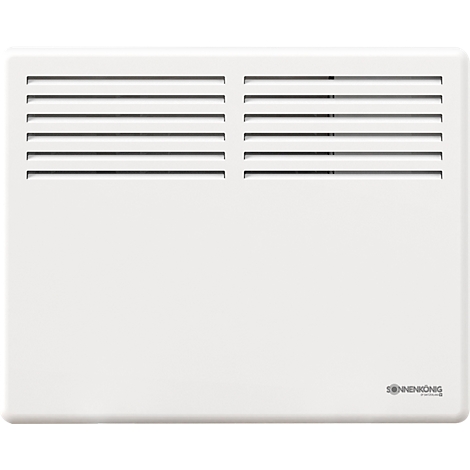 Wit verwarmingspaneel met lamellen aan de bovenkant. Kleine tekst "Sonnenkönig" rechtsonder.