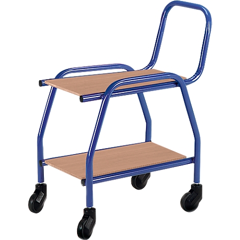 Blue serving cart with wooden shelves and wheels.