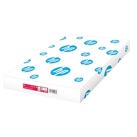 White HP paper, packaged in a box with HP logos. Product details are printed on the packaging.