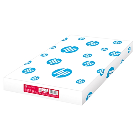 Box of white paper with blue HP logo, photographed diagonally from above. Red sticker with product information.