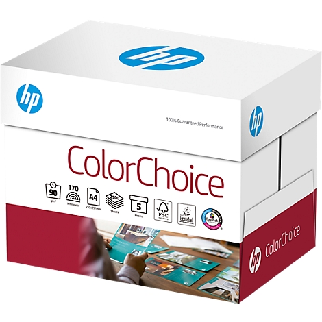 White paper box with HP logo and ColorChoice label. Prints for paper weight, size, and number of sheets.