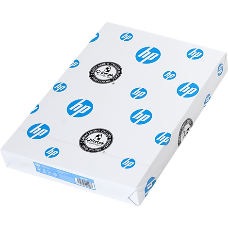 HP paper pack with blue HP logo on white background. Label: Colorlok, quick drying, vibrant colors.
