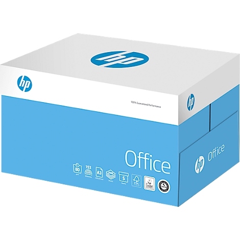 Blue paper box with HP logo and "Office" inscription. Contains several symbols and certifications.