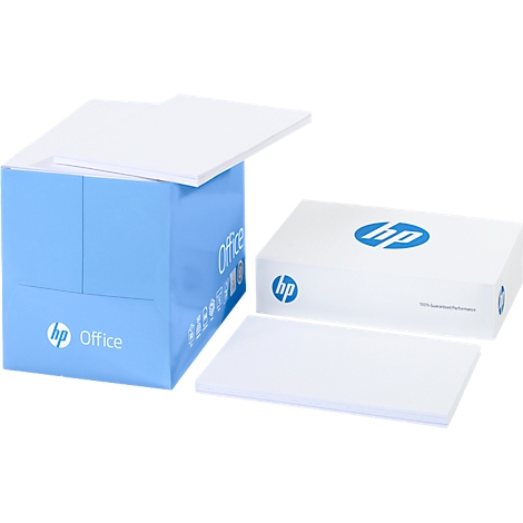 Blue box with HP office paper. Next to it a white box with HP logo and a stack of paper.