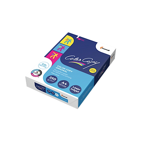 A pack of white A4 paper. Inscription "Color Copy Original", logos and information about weight and printer type.
