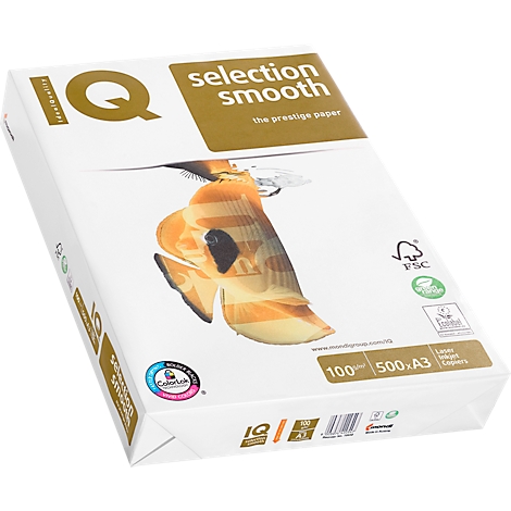 White paper pack with prints: IQ, selection smooth, FSC seal, 100 sheets, A3. On it a fish motif, slightly transparent.