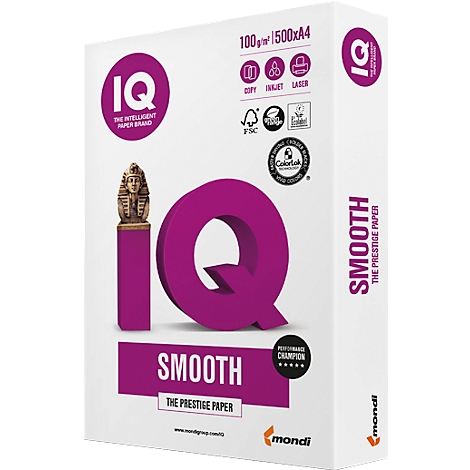 White paper package with purple letters. Printed are 'IQ', 'SMOOTH', 'THE PRESTIGE PAPER' and logos.