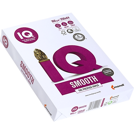 A pack of white paper, IQ Smooth, purple logo and lettering.