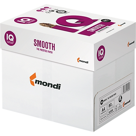 A white paper box with purple and orange logos. Inscription 'Smooth' and 'Mondi'.